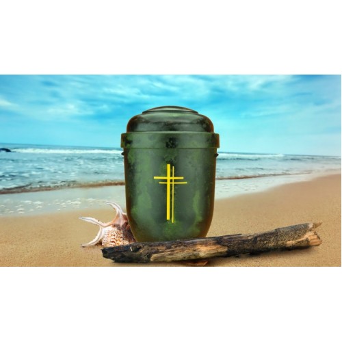 Biodegradable Cremation Ashes Funeral Urn / Casket -  GREEN ROOT WOOD EFFECT with DOUBLE CROSS